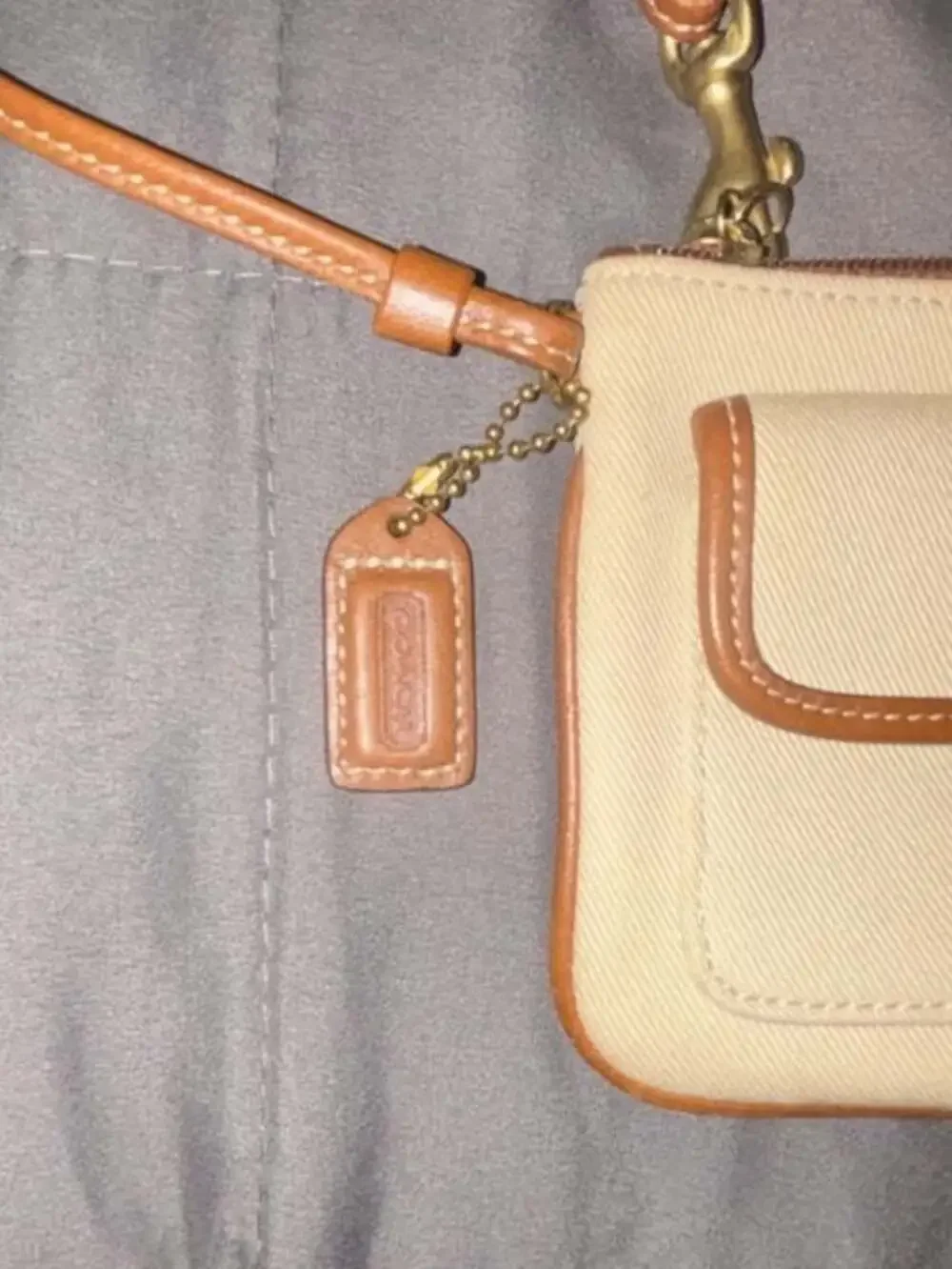 Vintage Coach Tan and Cream Canvas Turnlock Wristlet Pouch with Leather Trim